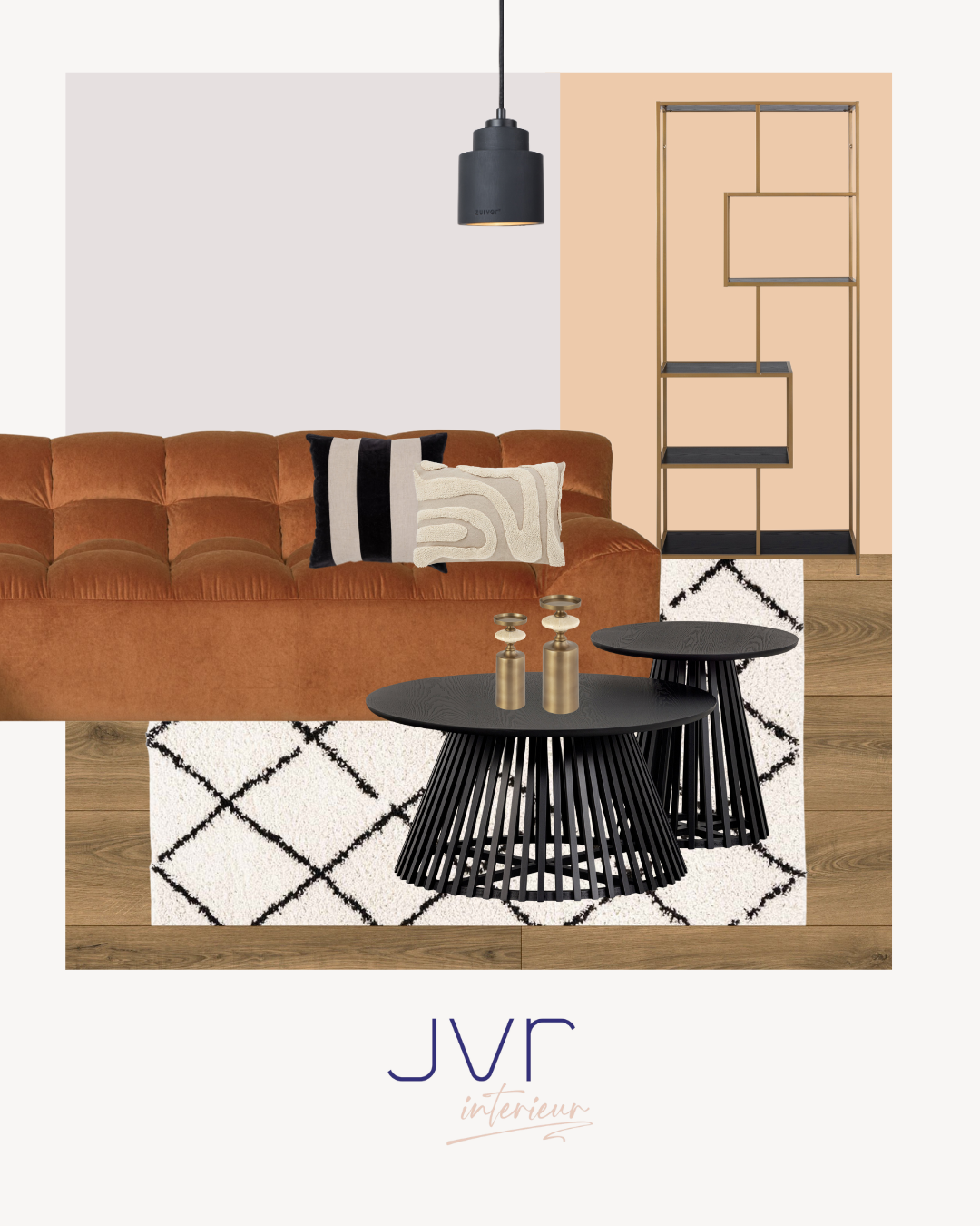 Moodboard waarin kleuren, materialen en meubels samenkomen.