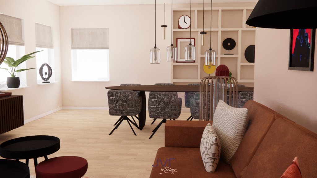 een warm en rustig woonkamer, eetkamer en keuken