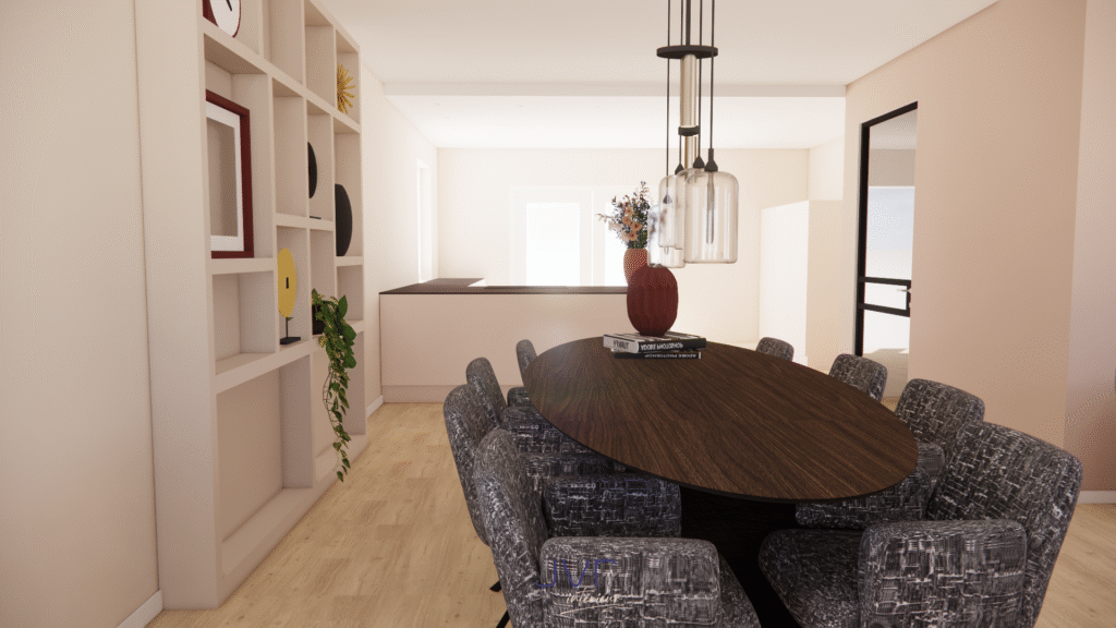 een warm en rustig woonkamer, eetkamer en keuken