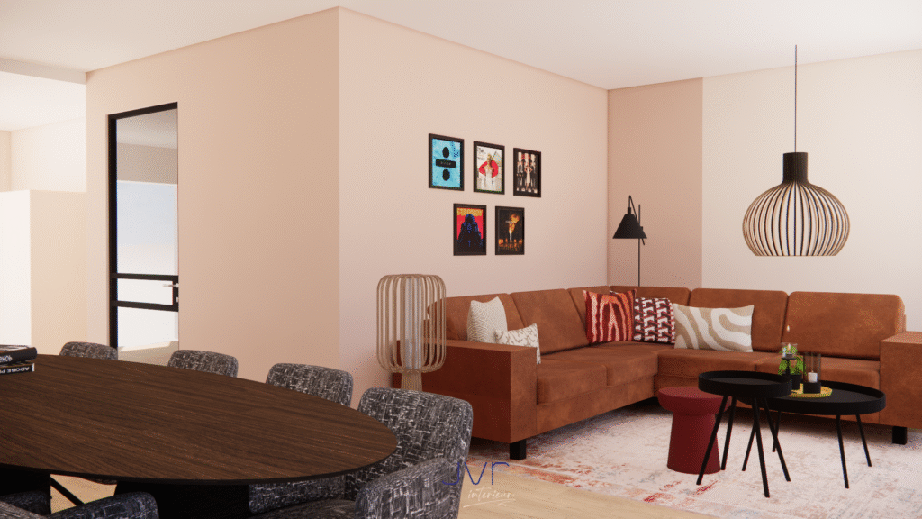 een warm en rustig woonkamer, eetkamer en keuken