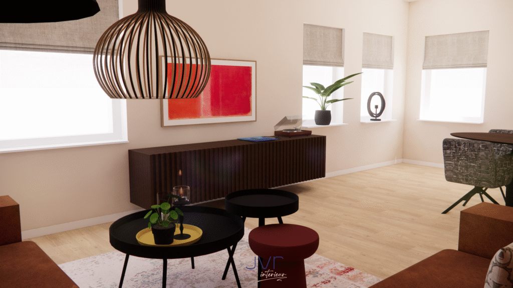 een warm en rustig woonkamer, eetkamer en keuken