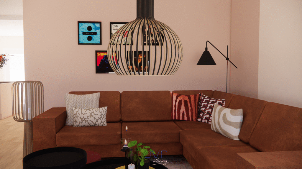 een warm en rustig woonkamer, eetkamer en keuken