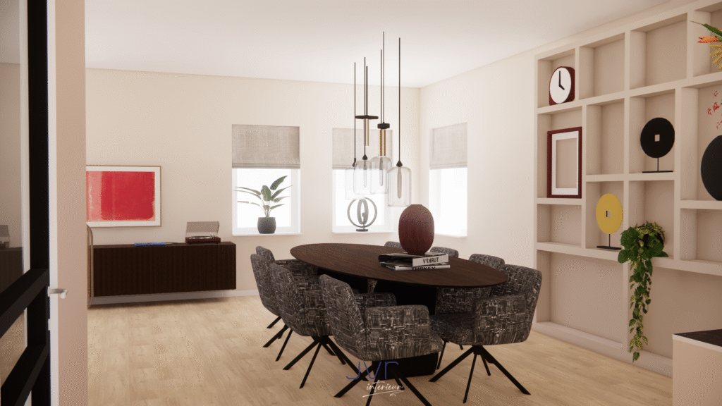 een warm en rustig woonkamer, eetkamer en keuken