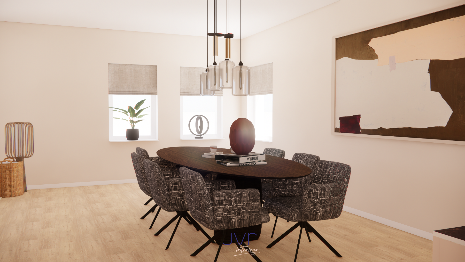 een warm en rustig woonkamer, eetkamer en keuken