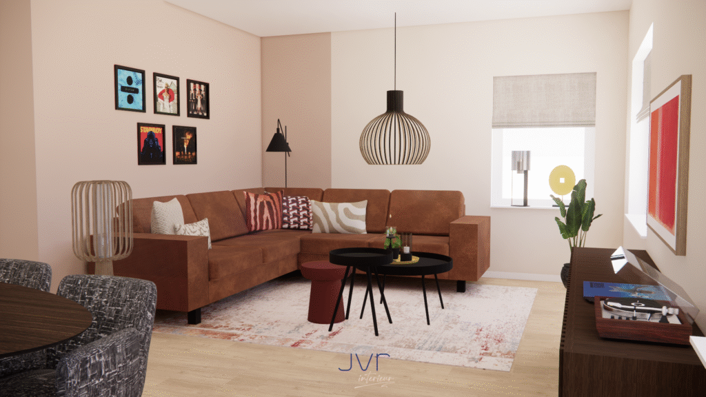 een warm en rustig woonkamer, eetkamer en keuken