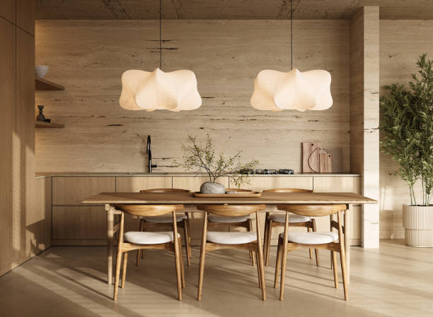 Scandinavische eetkamer met natuurlijke materialen brengt warmte in het kamer.